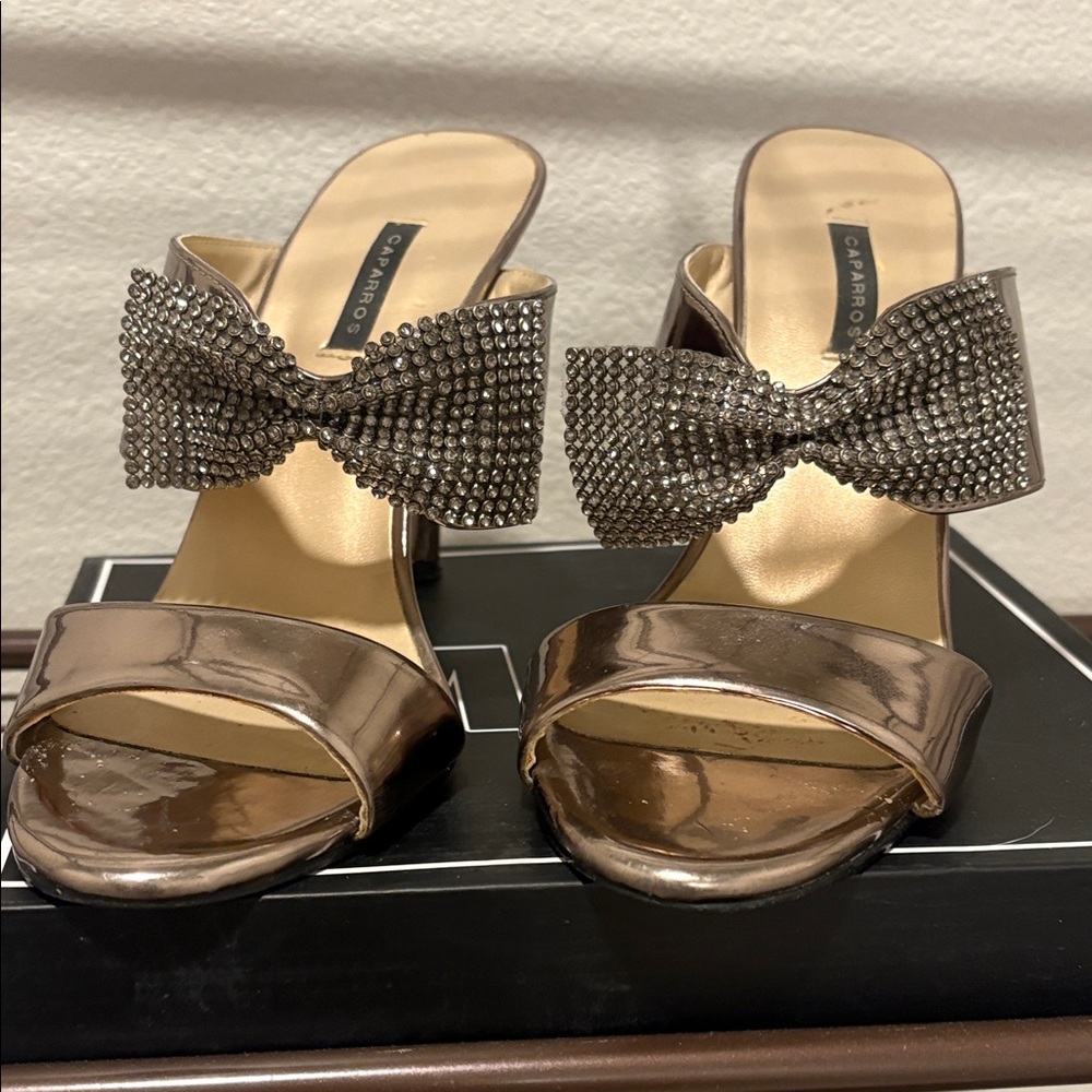 Caparros Metallic Heels with Rhinestone Bow